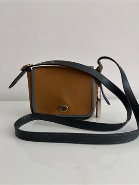 Coach Tan Leather Crossbody with Blue Trim
